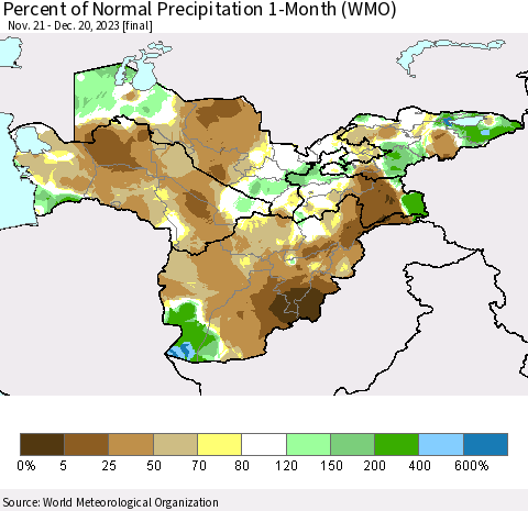 Central Asia Percent of Normal Precipitation 1-Month (WMO) Thematic Map For 11/21/2023 - 12/20/2023