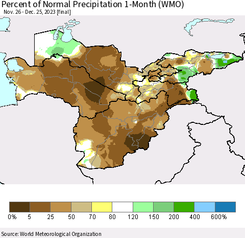 Central Asia Percent of Normal Precipitation 1-Month (WMO) Thematic Map For 11/26/2023 - 12/25/2023