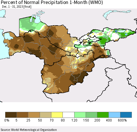 Central Asia Percent of Normal Precipitation 1-Month (WMO) Thematic Map For 12/1/2023 - 12/31/2023