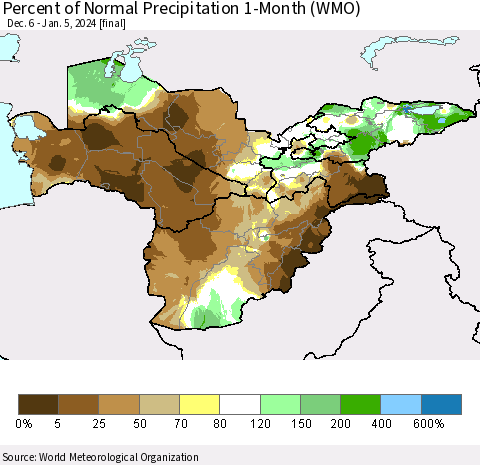 Central Asia Percent of Normal Precipitation 1-Month (WMO) Thematic Map For 12/6/2023 - 1/5/2024