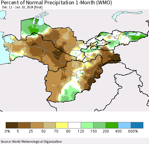 Central Asia Percent of Normal Precipitation 1-Month (WMO) Thematic Map For 12/11/2023 - 1/10/2024