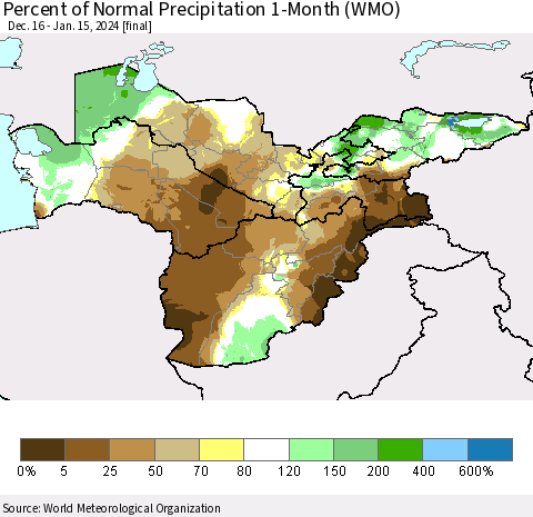 Central Asia Percent of Normal Precipitation 1-Month (WMO) Thematic Map For 12/16/2023 - 1/15/2024