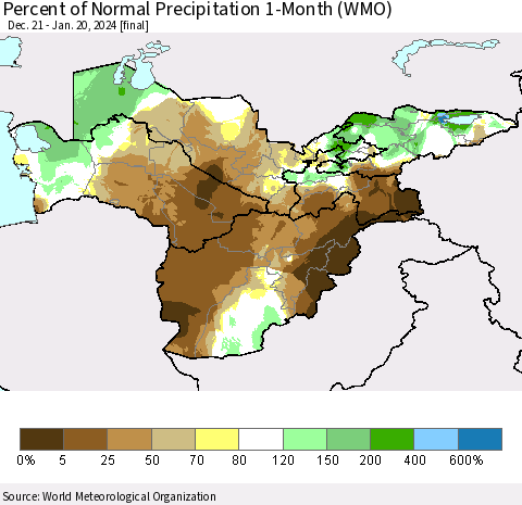 Central Asia Percent of Normal Precipitation 1-Month (WMO) Thematic Map For 12/21/2023 - 1/20/2024