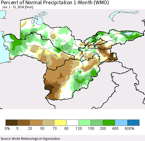 Central Asia Percent of Normal Precipitation 1-Month (WMO) Thematic Map For 1/1/2024 - 1/31/2024