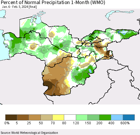 Central Asia Percent of Normal Precipitation 1-Month (WMO) Thematic Map For 1/6/2024 - 2/5/2024