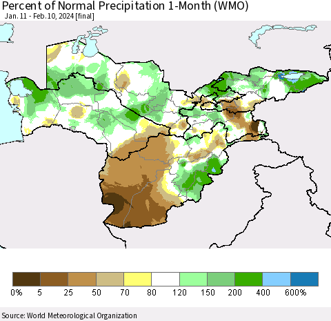 Central Asia Percent of Normal Precipitation 1-Month (WMO) Thematic Map For 1/11/2024 - 2/10/2024