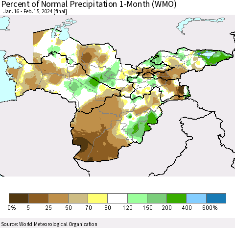 Central Asia Percent of Normal Precipitation 1-Month (WMO) Thematic Map For 1/16/2024 - 2/15/2024