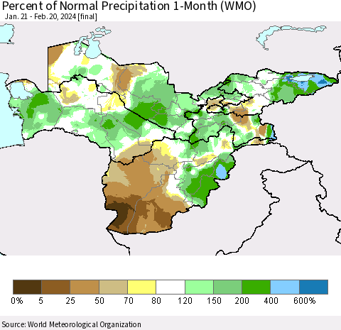 Central Asia Percent of Normal Precipitation 1-Month (WMO) Thematic Map For 1/21/2024 - 2/20/2024