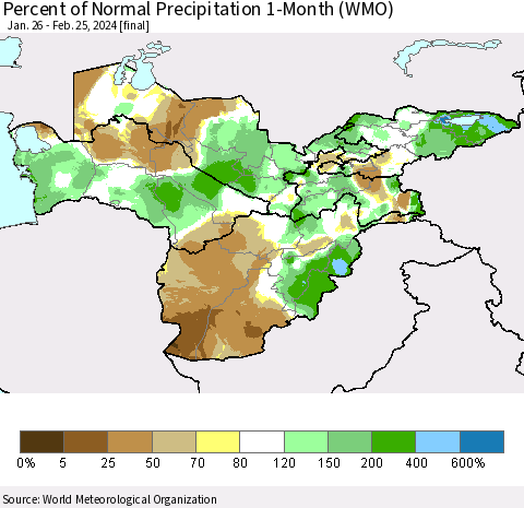 Central Asia Percent of Normal Precipitation 1-Month (WMO) Thematic Map For 1/26/2024 - 2/25/2024