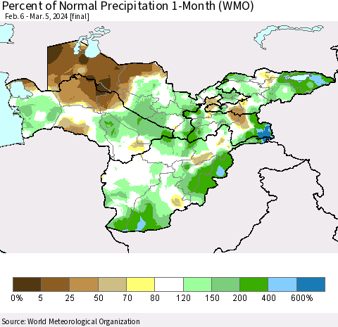 Central Asia Percent of Normal Precipitation 1-Month (WMO) Thematic Map For 2/6/2024 - 3/5/2024