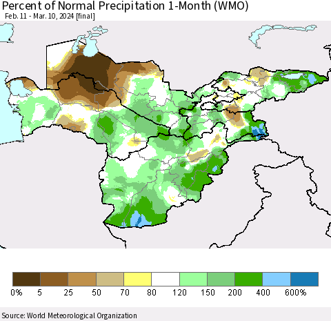 Central Asia Percent of Normal Precipitation 1-Month (WMO) Thematic Map For 2/11/2024 - 3/10/2024