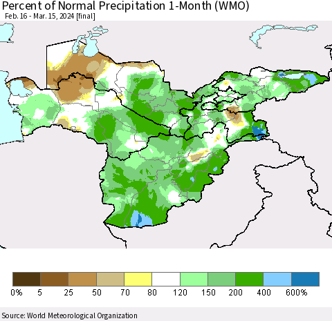 Central Asia Percent of Normal Precipitation 1-Month (WMO) Thematic Map For 2/16/2024 - 3/15/2024