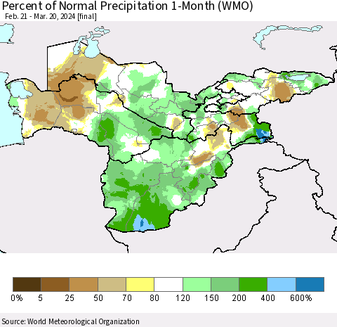 Central Asia Percent of Normal Precipitation 1-Month (WMO) Thematic Map For 2/21/2024 - 3/20/2024