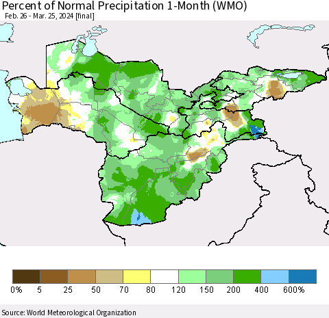 Central Asia Percent of Normal Precipitation 1-Month (WMO) Thematic Map For 2/26/2024 - 3/25/2024