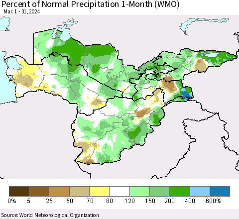 Central Asia Percent of Normal Precipitation 1-Month (WMO) Thematic Map For 3/1/2024 - 3/31/2024