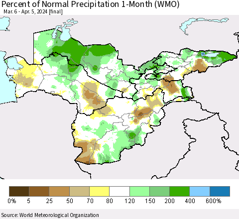 Central Asia Percent of Normal Precipitation 1-Month (WMO) Thematic Map For 3/6/2024 - 4/5/2024
