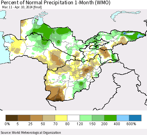 Central Asia Percent of Normal Precipitation 1-Month (WMO) Thematic Map For 3/11/2024 - 4/10/2024