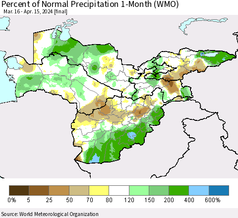 Central Asia Percent of Normal Precipitation 1-Month (WMO) Thematic Map For 3/16/2024 - 4/15/2024
