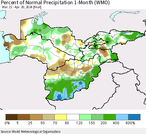 Central Asia Percent of Normal Precipitation 1-Month (WMO) Thematic Map For 3/21/2024 - 4/20/2024