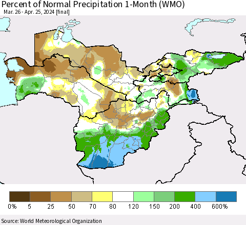 Central Asia Percent of Normal Precipitation 1-Month (WMO) Thematic Map For 3/26/2024 - 4/25/2024