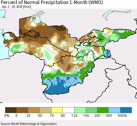 Central Asia Percent of Normal Precipitation 1-Month (WMO) Thematic Map For 4/1/2024 - 4/30/2024
