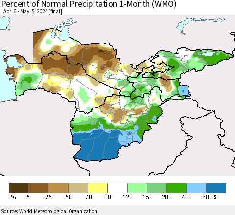 Central Asia Percent of Normal Precipitation 1-Month (WMO) Thematic Map For 4/6/2024 - 5/5/2024
