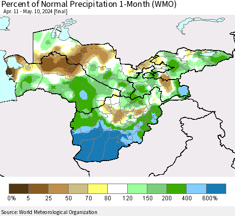 Central Asia Percent of Normal Precipitation 1-Month (WMO) Thematic Map For 4/11/2024 - 5/10/2024