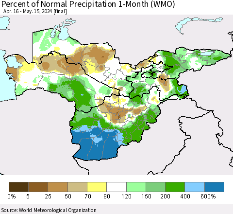 Central Asia Percent of Normal Precipitation 1-Month (WMO) Thematic Map For 4/16/2024 - 5/15/2024