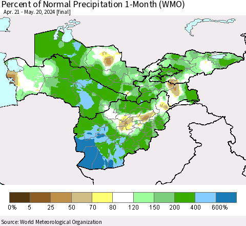 Central Asia Percent of Normal Precipitation 1-Month (WMO) Thematic Map For 4/21/2024 - 5/20/2024