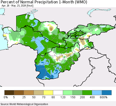 Central Asia Percent of Normal Precipitation 1-Month (WMO) Thematic Map For 4/26/2024 - 5/25/2024