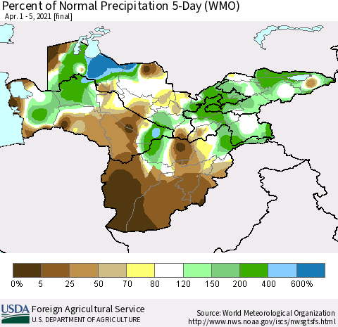 Central Asia Percent of Normal Precipitation 5-Day (WMO) Thematic Map For 4/1/2021 - 4/5/2021