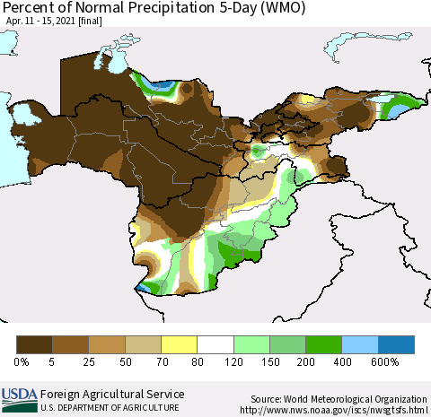 Central Asia Percent of Normal Precipitation 5-Day (WMO) Thematic Map For 4/11/2021 - 4/15/2021