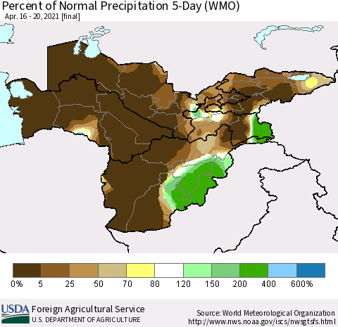 Central Asia Percent of Normal Precipitation 5-Day (WMO) Thematic Map For 4/16/2021 - 4/20/2021