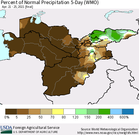 Central Asia Percent of Normal Precipitation 5-Day (WMO) Thematic Map For 4/21/2021 - 4/25/2021