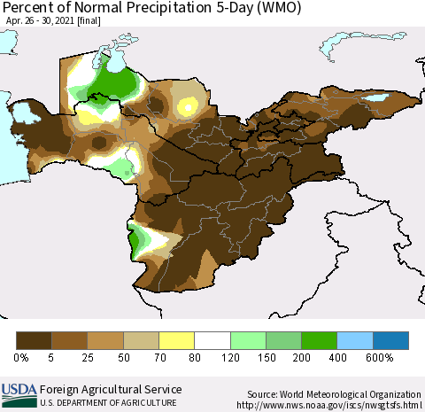 Central Asia Percent of Normal Precipitation 5-Day (WMO) Thematic Map For 4/26/2021 - 4/30/2021