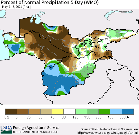 Central Asia Percent of Normal Precipitation 5-Day (WMO) Thematic Map For 5/1/2021 - 5/5/2021