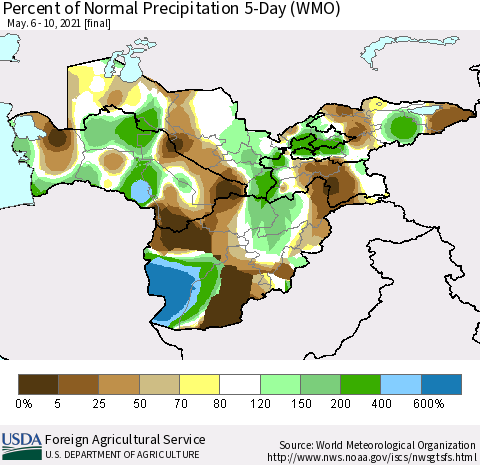Central Asia Percent of Normal Precipitation 5-Day (WMO) Thematic Map For 5/6/2021 - 5/10/2021