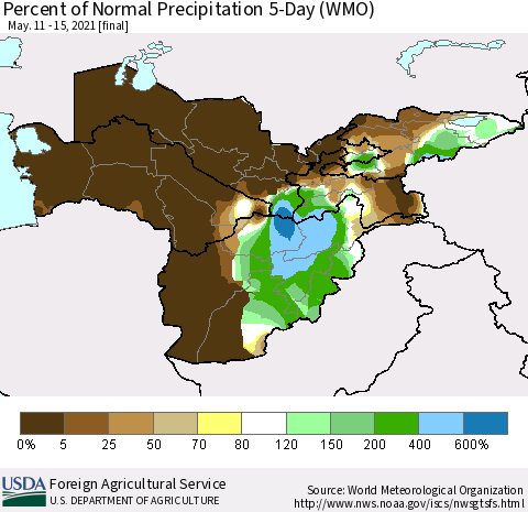 Central Asia Percent of Normal Precipitation 5-Day (WMO) Thematic Map For 5/11/2021 - 5/15/2021
