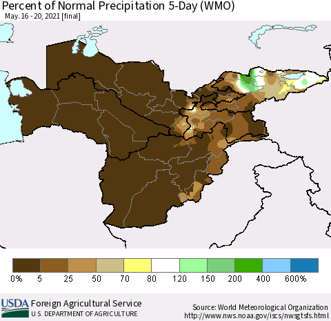 Central Asia Percent of Normal Precipitation 5-Day (WMO) Thematic Map For 5/16/2021 - 5/20/2021