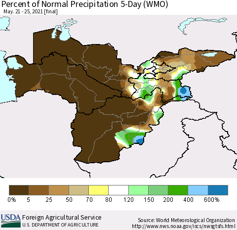 Central Asia Percent of Normal Precipitation 5-Day (WMO) Thematic Map For 5/21/2021 - 5/25/2021