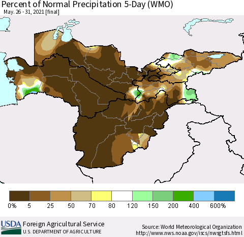 Central Asia Percent of Normal Precipitation 5-Day (WMO) Thematic Map For 5/26/2021 - 5/31/2021