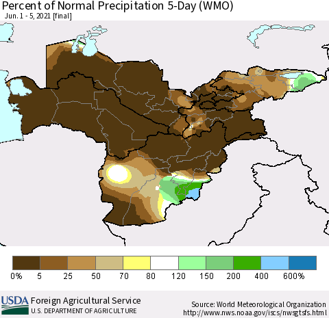 Central Asia Percent of Normal Precipitation 5-Day (WMO) Thematic Map For 6/1/2021 - 6/5/2021