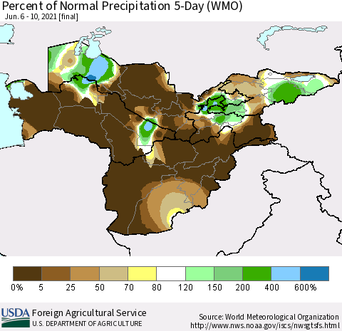 Central Asia Percent of Normal Precipitation 5-Day (WMO) Thematic Map For 6/6/2021 - 6/10/2021