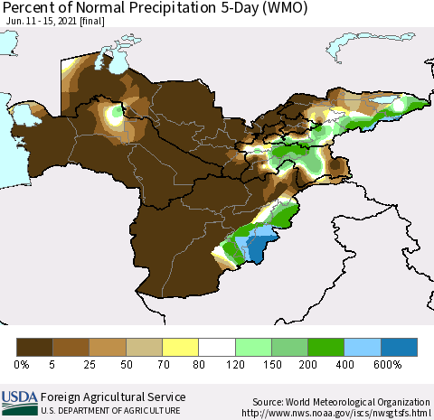 Central Asia Percent of Normal Precipitation 5-Day (WMO) Thematic Map For 6/11/2021 - 6/15/2021