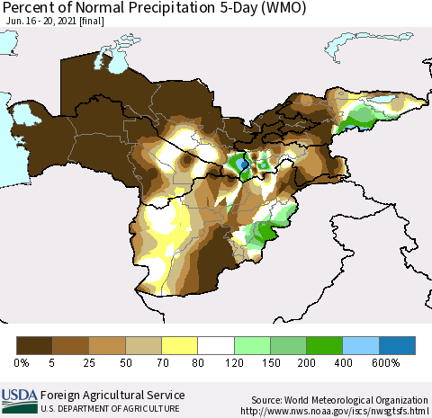 Central Asia Percent of Normal Precipitation 5-Day (WMO) Thematic Map For 6/16/2021 - 6/20/2021