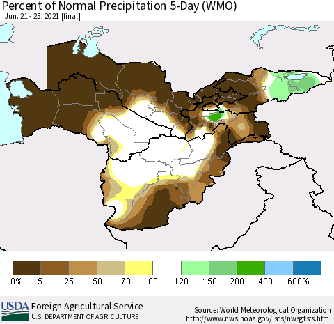 Central Asia Percent of Normal Precipitation 5-Day (WMO) Thematic Map For 6/21/2021 - 6/25/2021