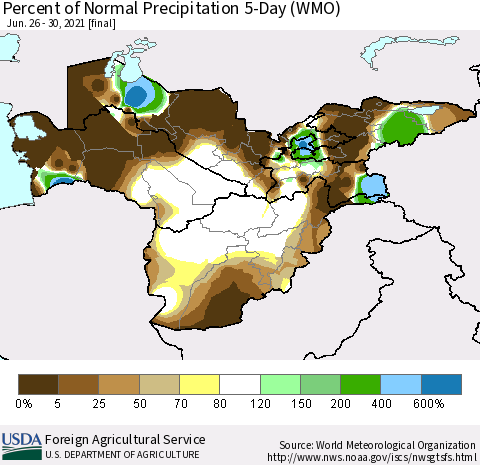 Central Asia Percent of Normal Precipitation 5-Day (WMO) Thematic Map For 6/26/2021 - 6/30/2021