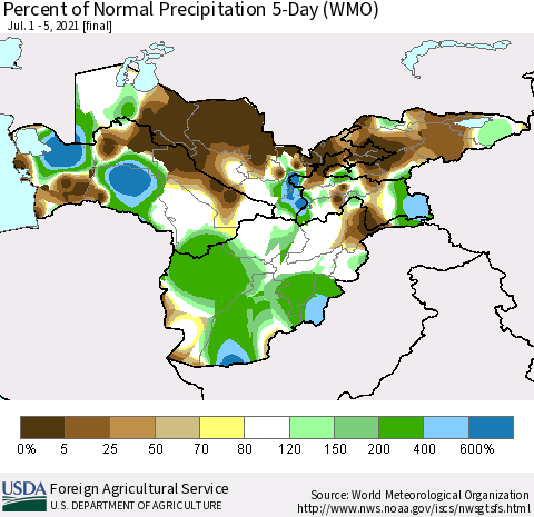 Central Asia Percent of Normal Precipitation 5-Day (WMO) Thematic Map For 7/1/2021 - 7/5/2021