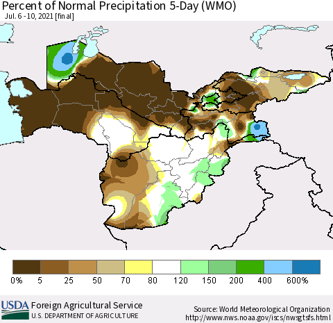 Central Asia Percent of Normal Precipitation 5-Day (WMO) Thematic Map For 7/6/2021 - 7/10/2021