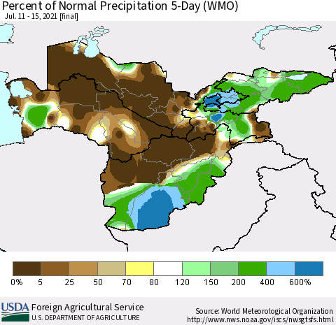 Central Asia Percent of Normal Precipitation 5-Day (WMO) Thematic Map For 7/11/2021 - 7/15/2021
